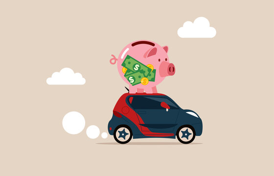 Saving money to buy new car, expense or budget for car maintenance service, debt or car loan. Big cute transparent pink piggy bank money box on the roof of riding car.