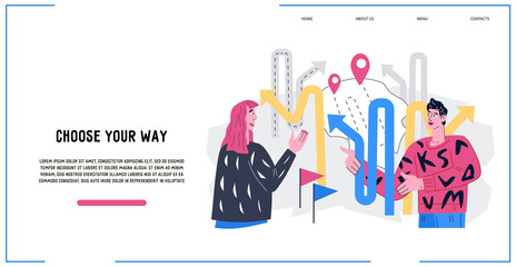 Professional decision and choice of way concept of website. Alternative solution and opportunity for developm0ent, business challenge and career strategy, flat vector. Webpage landing mockup.