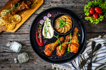 Barbecued chicken drumsticks with fried potato on wooden table
