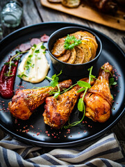Barbecued chicken drumsticks with fried potato on wooden table
