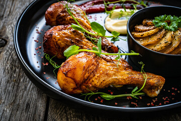 Barbecued chicken drumsticks with fried potato on wooden table
