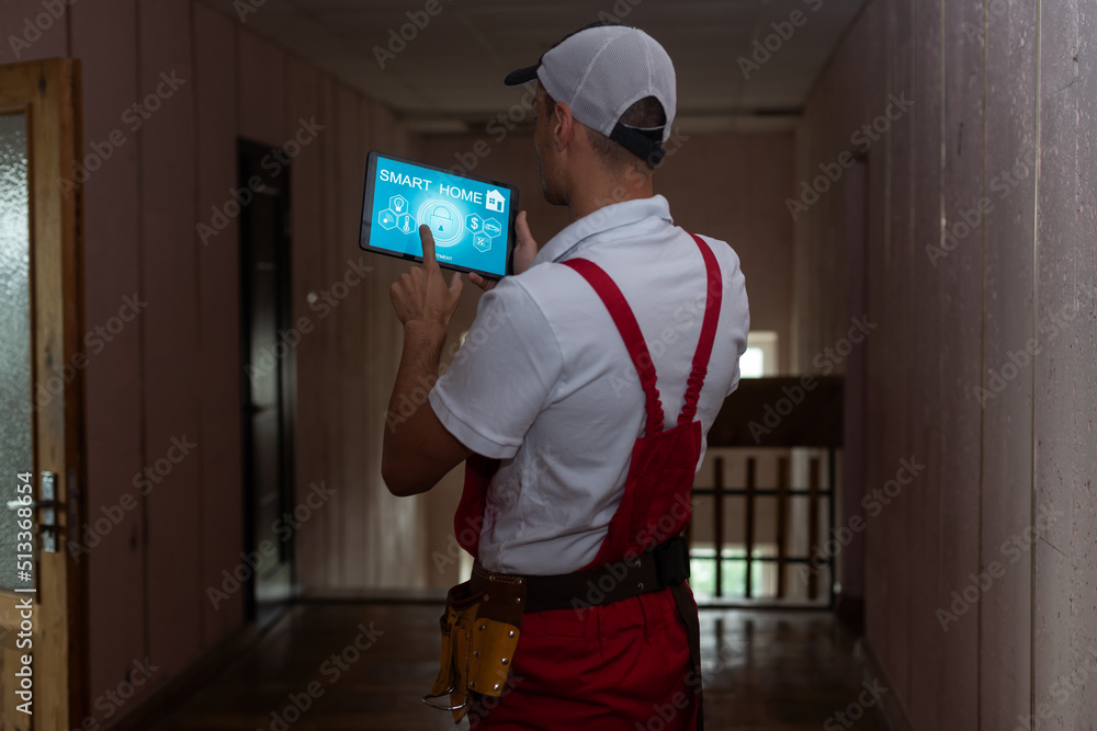 Poster all in one smart home control system app concept on tablet display in man hands