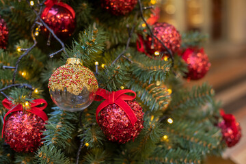 Red and gold balls on a Christmas tree branch, festive background