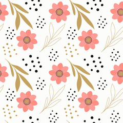 Trendy seamless pattern with flowers and butterflies on a white background. Fabric design with simple colors. Vector background.