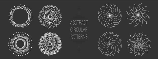 A set of eight abstract circular patterns. Decorative stamps for design on a black background. Vector halftone illustration.