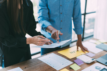 Business financial team work together in project brainstorm meeting. Cooperate teamwork, strategy planning, small business startup company, or office coworker concept.
