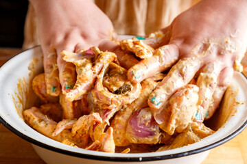 Women's hands marinate chicken wings in spices and soy sauce with lemon juice. horizontal photo