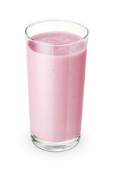 Glass of pink berry milkshake isolated on white.