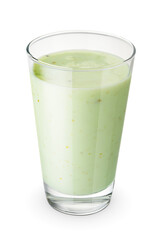 Glass of green kiwi y milkshake isolated on white.