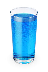 Glass of turquoise soda isolated white.