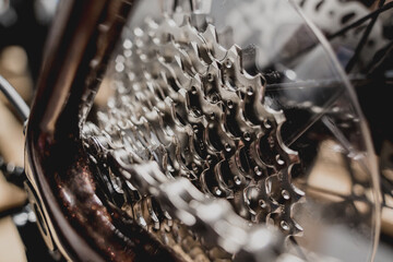 Photo of new gears and chains of mountain bicycle - obrazy, fototapety, plakaty