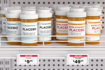 Placebo and extra strength placebo pills in box for different prices. Fraudulent earnings of the pharmaceutical industry concept. - obrazy, fototapety, plakaty