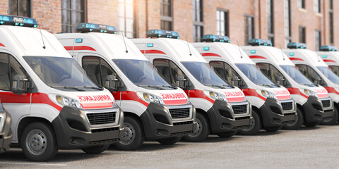 Ambulance cars in a row on a parking of hospital. © Maksym Yemelyanov