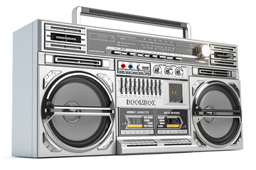 Retro ghetto blaster boombox, radio and audio tape recorder isolated on white. - obrazy, fototapety, plakaty