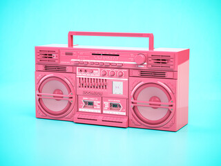 Pink retro boombox ghetto blaster , radio and audio tape recorder on blue background. - 513371648