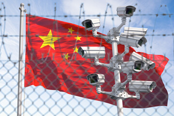 Flag of China behind barbed wire fence and cctv cameras. Concept of sanctions, dictatorship, discrimination and violation of human rights and freedom in China. - obrazy, fototapety, plakaty