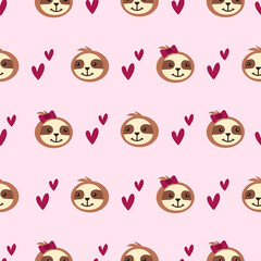 Seamless romantic pattern for Valentine's Day with hearts and sloths on a pink background. Valentine's day, wedding and love concept. Vector illustrations