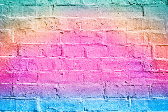 Fototapeta Happy birthday unicorn mermaid pink background summer art invitation or rainbow color brick texture