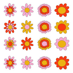 70s Retro flowers. Retro groovy naive flowers chamomile, daisy, chrysanthemum