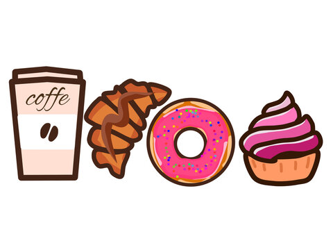 Illustration collection sweet dessert  coffee, croissant, donut, cupcakes isolated on white background
