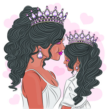 Mom And Daughter Love Each Other In A Glamorous Crown, Beautiful Dresses On Mom And Daughter, Crowns On Their Heads, Realistic Illustration Depicting Mom And Daughter As A Queen And Princess, Vector