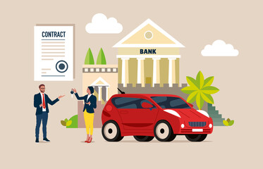 Businessman and a  woman sales agent with approved car loan and a new modern auto on a bank building background.