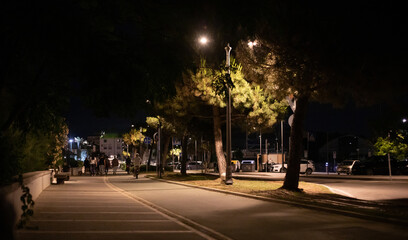 View of the modern city street, evening walkway illuminated by lanterns. Sidewalk for walks