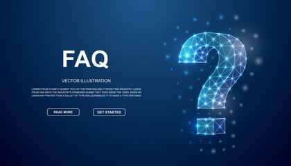 Question mark 3d low poly symbol with connected dots for blue landing page. Help support design illustration concept. Polygonal FAQ illustration - obrazy, fototapety, plakaty