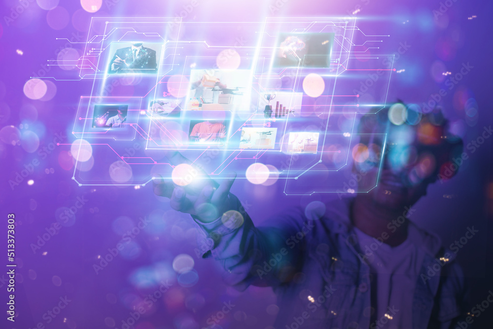 Poster business man showing the future world of metaverse. global internet connection application technolog