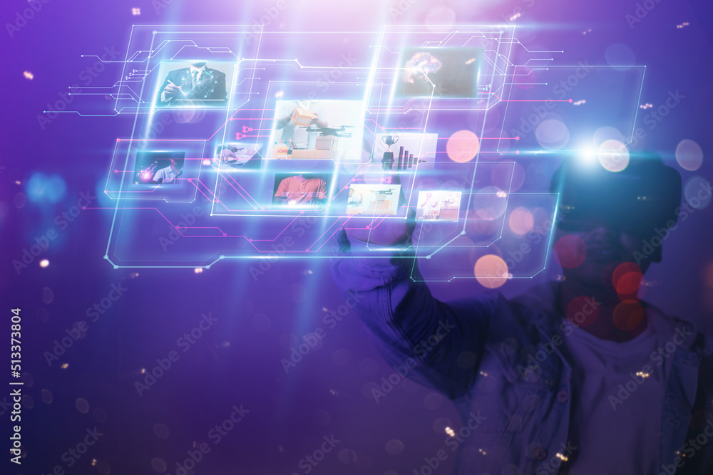 Poster business man showing the future world of metaverse. global internet connection application technolog