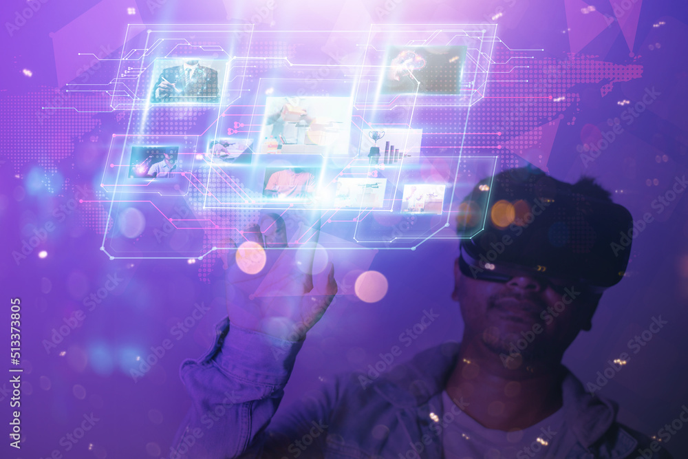 Poster business man showing the future world of metaverse. global internet connection application technolog
