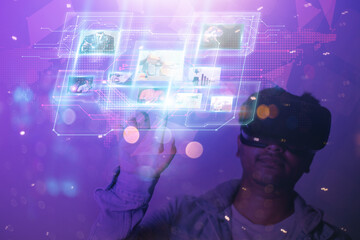 Business man showing the future world of metaverse. Global Internet connection application technology. to build a business and digital marketing Digital Link Technology Big Data
