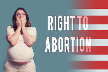 Text right to abortion and pregnant woman, studio shot on blue background