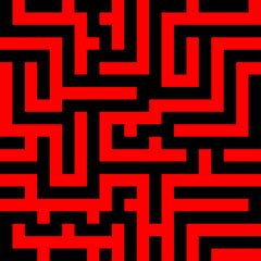 Red bold curved lines isolated on black background. Labyrinth. Monochrome geometric seamless pattern. Vector simple flat graphic illustration. Texture.