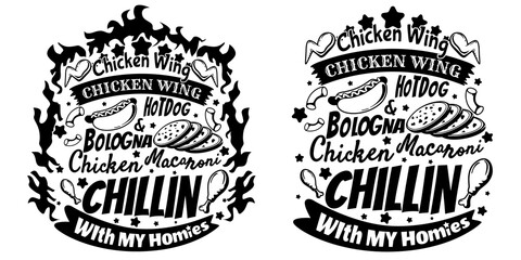 Fototapeta premium Chicken Wing Hotdog and Bologna Chicken Macaroni Chillin With My Homies