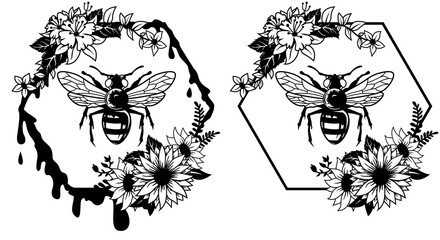 Floral Bee illustration, Flowers Bee illustration