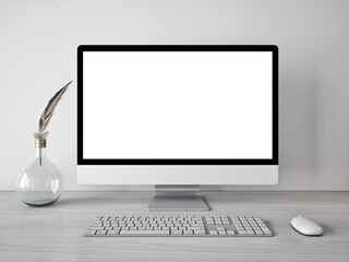 3d rendering mockup template of blank white screen of computer.Minimally designed room in gray and white tones - obrazy, fototapety, plakaty