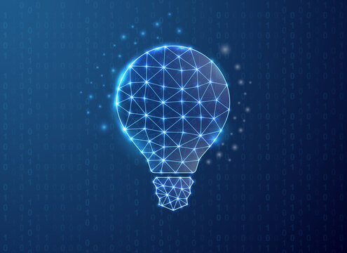 Light bulb polygonal symbol with binary code background. Idea concept design vector illustration. Blue Innovation low poly symbol with connected dots