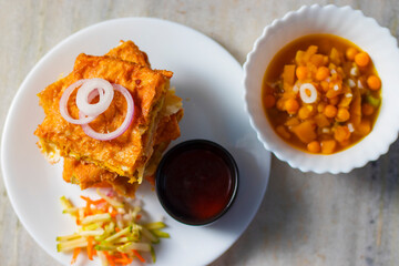 selective focus of delicious Indian food Mughlai Paratha is ready to eat.
