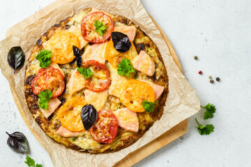 Healthy zucchini crust  pizza. Top view, flat lay, copy space.