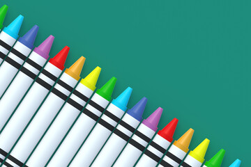 Row of wax crayons on green background. Colorful pencils. Back to school concept. Preschool education. Copy space. Top view. 3d render