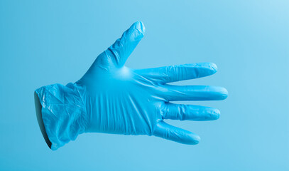 A blue medical glove levitates in the air and shows gestures. Latex glove isolated on a blue background.