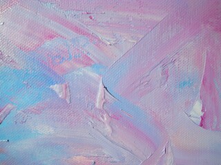 Close up of light blue and pink brush strokes of oil paint. Color brush effect on canvas