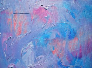 Close up of abstract creative background with light blue oil paint on canvas.