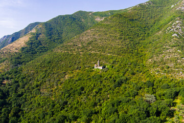 Montenegro. Abandoned catholic church high in the mountains. Drone. Aerial view