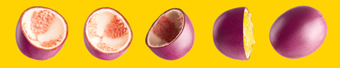 Cut passion fruit without seeds and with seeds. Five angles of passion fruit isolated on a yellow background.