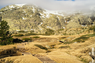 Hiking path going through yellow grass meadows with the mountains covered in snow and low clouds in the background
