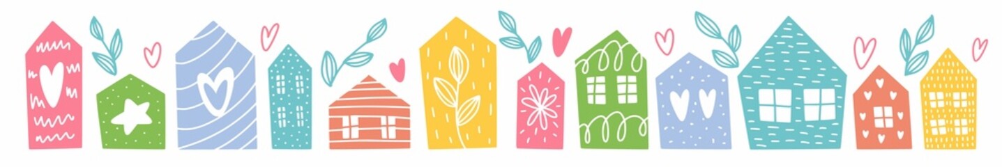 A collection of Scandinavian-style houses, hand-drawn