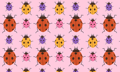 Colorful ladybug seamless pattern. Pink background with insects.  
