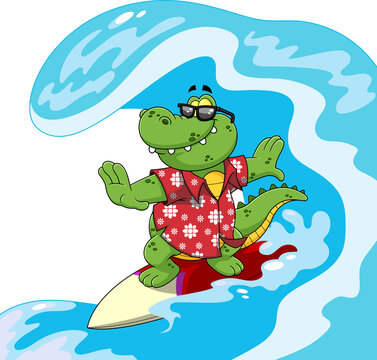 Alligator Or Crocodile Cartoon Mascot Character Surfing And Riding A Wave. Vector Hand Drawn Illustration Isolated On White Background